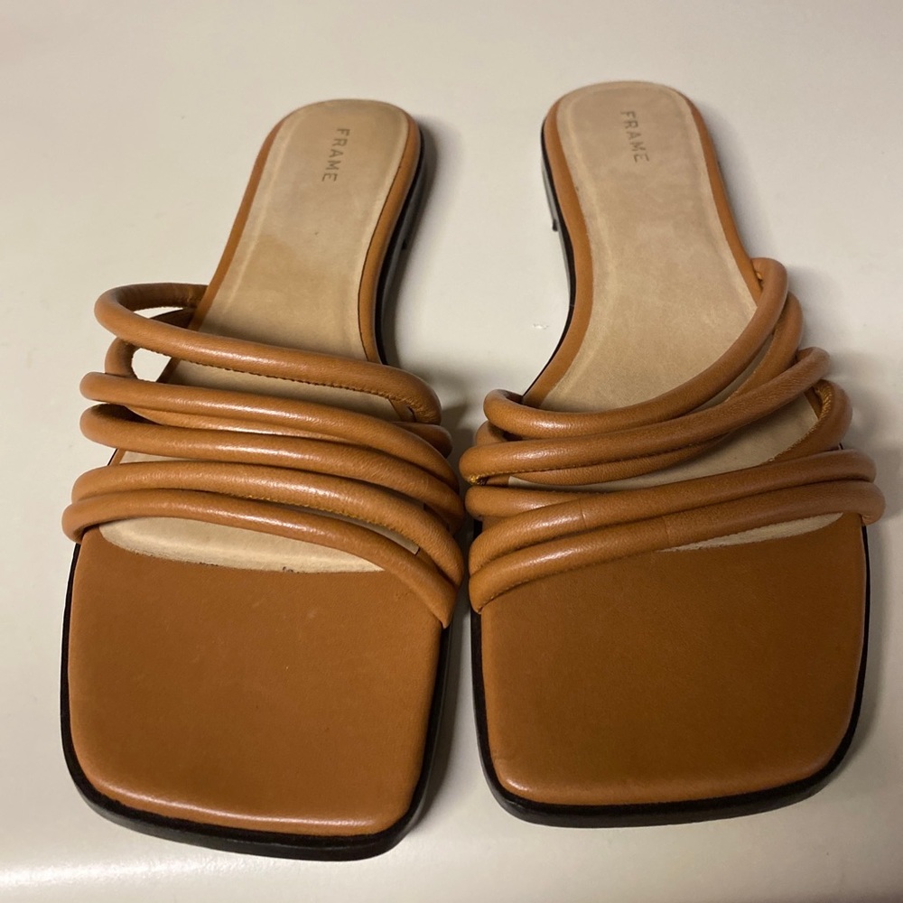 Frame Denim Shoes 39.5 Strappy Tan Sandals Flat Leather Slides US 9.5 Square Toe